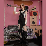 UNIFREE新款背帶褲女辣妹風(fēng)寬松破洞直筒復古休閑時(shí)尚牛仔褲 黑色  S 