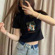純棉短袖t恤女印花夏季新款高腰露肚臍短款辣妹修身顯瘦小個(gè)子 黑色【飛機(jī)】 S 【90斤以內(nèi)】