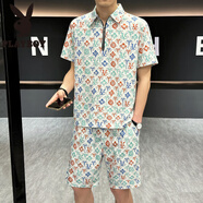 花花公子（PLAYBOY）痞帥半拉鏈翻領(lǐng)polo衫男套裝夏季潮牌個(gè)性短袖t恤搭配短褲兩件套 9906米白套裝 L 110-125斤
