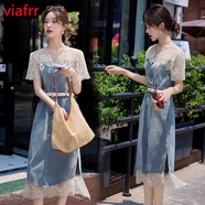 VIAFRR時(shí)尚連衣裙女2025夏季新款韓系洋氣減齡蕾絲拼接牛仔開叉半身裙潮 圖片色 L