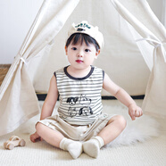 迷你巴拉夏季兒童條紋背心小童無袖恤男女寶寶卡通印花坎肩上衣短袖衣服 黑白色(快樂狗)條紋活力T 66cm 均碼