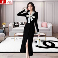 皮爾卡丹（pierre cardin）設(shè)計(jì)感花邊拼接蝴蝶結(jié)秋冬蝴蝶結(jié)修身顯瘦開(kāi)叉針織毛衣裙子連衣裙 黑色 S