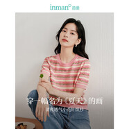 茵曼百搭輕薄通勤風(fēng)女裝條紋針織短袖t恤夏季顯瘦套頭上衣 藕粉色 XL