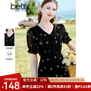 百圖betu女裝夏新款連衣裙短袖雪紡萌兔繡花減齡連衣裙女2303T90 黑色 S