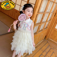 G.duck女童夏季印花背心裙兒童裝薄款洋氣裙子無(wú)袖寶寶夏天女孩連衣裙潮 米白色國風(fēng)背心蛋糕裙 110 cm