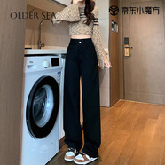 OLDER SEA黑色高腰闊腿牛仔褲夏季女2025新款小個子秋裝直筒寬松拖地長褲子 黑色 S