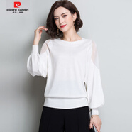 皮爾卡丹（pierre cardin）長(cháng)袖t恤女春秋新款網(wǎng)紗針織衫大碼蝙蝠衫上衣洋氣百搭打底衫薄款 白色 S