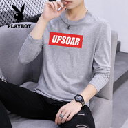 花花公子（PLAYBOY）男士長袖t恤潮流男裝春秋體恤純棉印花潮牌秋衣打底衫純棉上衣服 【長袖】UP灰色 M