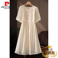 皮爾卡丹（PIERRE CARDIN）超仙輕松穿出女神范重磅冰絲法式刺繡寬松氣質(zhì)絲質(zhì)雪紡連衣裙女 杏底亮金 S