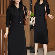 ROAR UTHAUG早春季連帽長(cháng)袖t恤衫連衣裙2025新款女春秋休閑寬松顯瘦長(cháng)款裙子 黑色 M 85-100斤