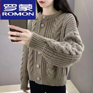 羅蒙（ROMON）羊毛衫女復(fù)古秋季短款羊絨毛衣外套冬款圓領(lǐng)寬松加厚粗毛線毛衣 駝色【圓領(lǐng)麻花短開衫】 2XL 120-140斤
