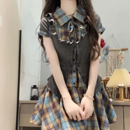 春乏短裙子夏季新款女裝學(xué)院風(fēng)格紋顯瘦甜美少女連衣裙套裝 格子連衣裙+灰色開(kāi)衫 【兩件套】 XL 【詳情頁(yè)有尺碼表參考】