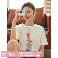 Olrain歐芮兒法式正肩短袖T恤女夏季寬松釘珠印花設(shè)計(jì)感體恤上衣 米白色 XL
