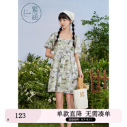紫涵（ZIHAN）紫涵滿印花方領(lǐng)連衣裙女夏季森系田園風(fēng)寬松高腰短袖短裙 綠底印花 S