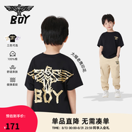 BOY JUNIOR夏季潮牌男女兒童裝圓領(lǐng)背面翅膀燙金印花寬松短袖T恤K01141 黑色 130
