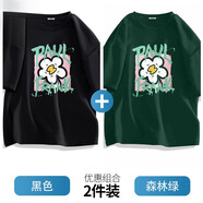 大嘴猴PaulFrank/情侶裝t恤男女短袖夏季感寬松半袖潮D 黑色(p撞色花朵)+森林綠(p撞色花 L 175_