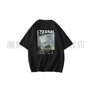 EAKC 簡約Logo手繪字母風(fēng)景油畫印花短袖T恤 男女同款 黑色 M