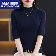 羅蒙（ROMON）23年新款半高領(lǐng)五分袖羊毛針織衫女春秋短款中袖修身打底上衣薄款 藏青 M 90-105斤
