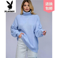 花花公子（PLAYBOY）品牌歐美2025秋冬新款高領(lǐng)女式毛衣大碼寬松落肩純色女式針織 藍色 均碼