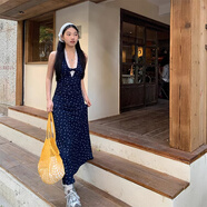 允橘吊帶連衣裙裙子女夏季2025新款長(cháng)裙法式碎花度假海邊沙灘裙純欲 藍色扭結碎花掛脖連衣裙 XL 建議115-130斤