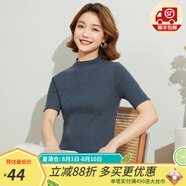 金菊含羊毛多色可選早春新款細(xì)坑條特價(jià)打底毛衣半高領(lǐng)短袖女式針織衫 藍(lán)灰 L