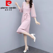 皮爾卡丹（pierre cardin）連衣裙女秋冬新品韓版V領(lǐng)雪紡長(zhǎng)袖針織拼接系帶顯瘦中長(zhǎng)款a字裙子 粉色 S 建議95以下