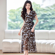 優(yōu)雅氣質(zhì)V領(lǐng)印花洋裝女2025夏薄款荷葉袖收腰顯瘦女人味雪紡裙 咖底蘭花質(zhì)升級版 S