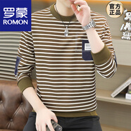 羅蒙（ROMON）春秋季條紋衛衣男圓領(lǐng)長(cháng)袖T恤潮流時(shí)尚貼布棉打底衫寬松休閑 1239白卡其色【常.規】條紋衛衣 M