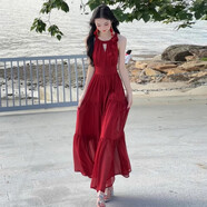 Aseblarm夏日絕美小裙子2025新款海邊度假氣質(zhì)收腰紅色掛頸洋裝長(cháng)裙女夏 紅色[今年流行的漂亮裙子/裙子女 40/45kg/S 均碼