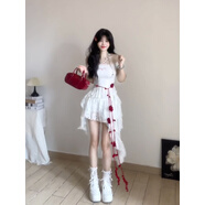 燦沛裙子少女感白色蕾絲一字肩連衣裙女夏性感純欲辣妹修身收腰顯 一字肩上衣+半身裙 M