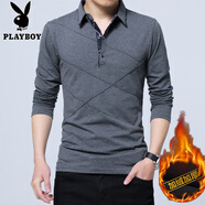 花花公子（PLAYBOY）秋裝男士體恤有領(lǐng)純棉長(zhǎng)袖T恤翻領(lǐng)加大碼單穿修身上衣胖人打底衫 深灰【款】 加絨 M 建議100-118斤