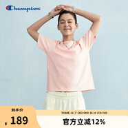 Champion冠軍短袖t恤女25春夏刺繡純棉純色百搭白色正肩t恤 粉色 M