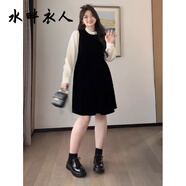 水畔衣人高檔大碼女裝法式假兩件收腰絲絨小黑裙春秋季新款胖mm遮肚連衣裙 黑色短款【別致/休閑//寬松/修身 XL (建議120-140斤)