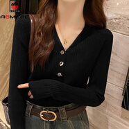 AEMAPE顯瘦V領(lǐng)打底衫女內(nèi)搭春秋冬新款針織衫軟糯感薄款毛衣長袖上衣 黑色 M (160) 建議體重范圍：90斤-105斤