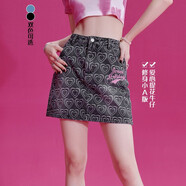 盛放（SEENFAAN）少女感牛仔短裙2023夏新款愛心提花肌理感休閑半身裙 黑色 S