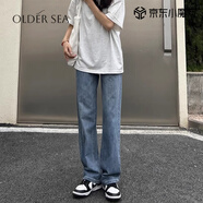 OLDER SEA高腰直筒牛仔褲女夏季2025新款復(fù)古小個(gè)子寬松垂感闊腿拖地褲子女 復(fù)古藍(lán) M