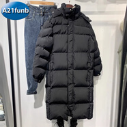 A 21 FUNB棉服2025新款加厚韓版寬松超長(zhǎng)款過(guò)膝中戲棉衣冬裝外套 黑色   帽子可拆卸 XS 108斤
