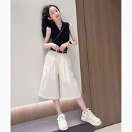 接運貓小孩衣服6-12歲夏女童季韓版套裝2025新款女孩洋氣中大童兒童背心 黑色深V翻領(lǐng)背心+白色七分褲（含腰帶） 110