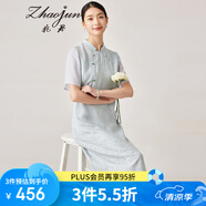 兆君2024春夏桑蠶絲新款中式提花連衣裙女端莊大氣古風(fēng)短袖裙子 亞麻藍(lán) 3XL