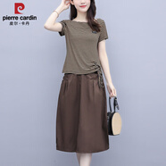 皮爾卡丹（pierre cardin）大碼女裝胖MM連衣裙棉麻套裝裙一整套媽媽夏裝半身裙兩件套裙子 咖啡色 M 適合80-95斤