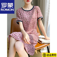 羅蒙（ROMON）真絲印花連衣裙女夏季新款醋酸緞面桑蠶絲寬松休閑撞色韓版裙子氣 粉色碎花 5XL 160-175斤