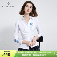 MORELINE沐蘭重工刺繡彈力T恤女2024秋裝新款設(shè)計(jì)感小眾法式V字翻領(lǐng)上衣 白色 L 40