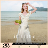 三彩2025夏季新款提花連衣裙波點(diǎn)印花荷葉邊收腰長(zhǎng)裙法式M 米白色花卉 S 155/80A