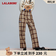 拉拉波波【美拉德】春新款復(fù)古格子刺繡半松緊腰直筒休閑褲女L21C-WXZC14 咖色 S 160