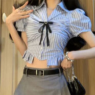 酷章（KUZHANG）酷章夏季女裝甜辣學(xué)院風(fēng)炸街小個(gè)子鹽系輕熟兩件 藍(lán)色襯衫領(lǐng)結(jié) S