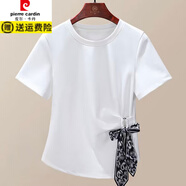 皮爾卡丹（pierre cardin）設(shè)計(jì)感百搭T恤2025夏季時尚氣質(zhì)絲巾綁帶收腰褶皺短袖T恤百搭顯瘦 白色 M 80-100斤
