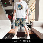 薩拉維夫（SLLAVIF）休閑運動套裝男歐洲站夏季輕奢個性亮片刺繡短袖短褲兩件套 白色 M (100120斤)