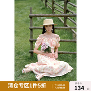 獨束大碼女裝【兩穿設(shè)計】法式碎花茶歇吊帶連衣裙夏裝燈籠袖裙子 水晶玫瑰 XL (尺碼：3)