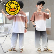 G.DUCKKIDS品牌童裝男童短袖套裝兒童夏季新款中大童男孩帥氣休閑兩件套潮 202308 漸變桔色 140