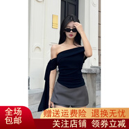 邁芙美（Maifumei）性感辣妹一字肩短袖t恤女裝夏季新款飄帶設(shè)計感修身顯瘦別致上衣 藏藍上衣 S